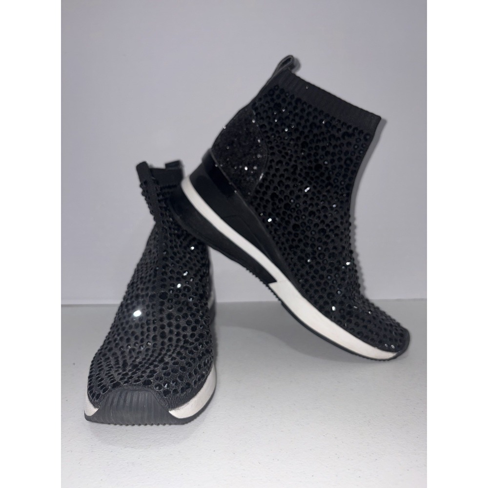Michael Kors Skyler Crystal Sneakers Booties black hot fix stone wedge heel Sz 7